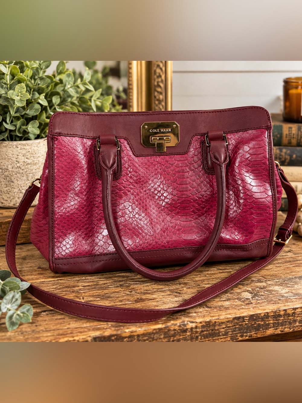 Cole Haan Burgundy Embossed Snake Leather Satchel Shoulder Bag